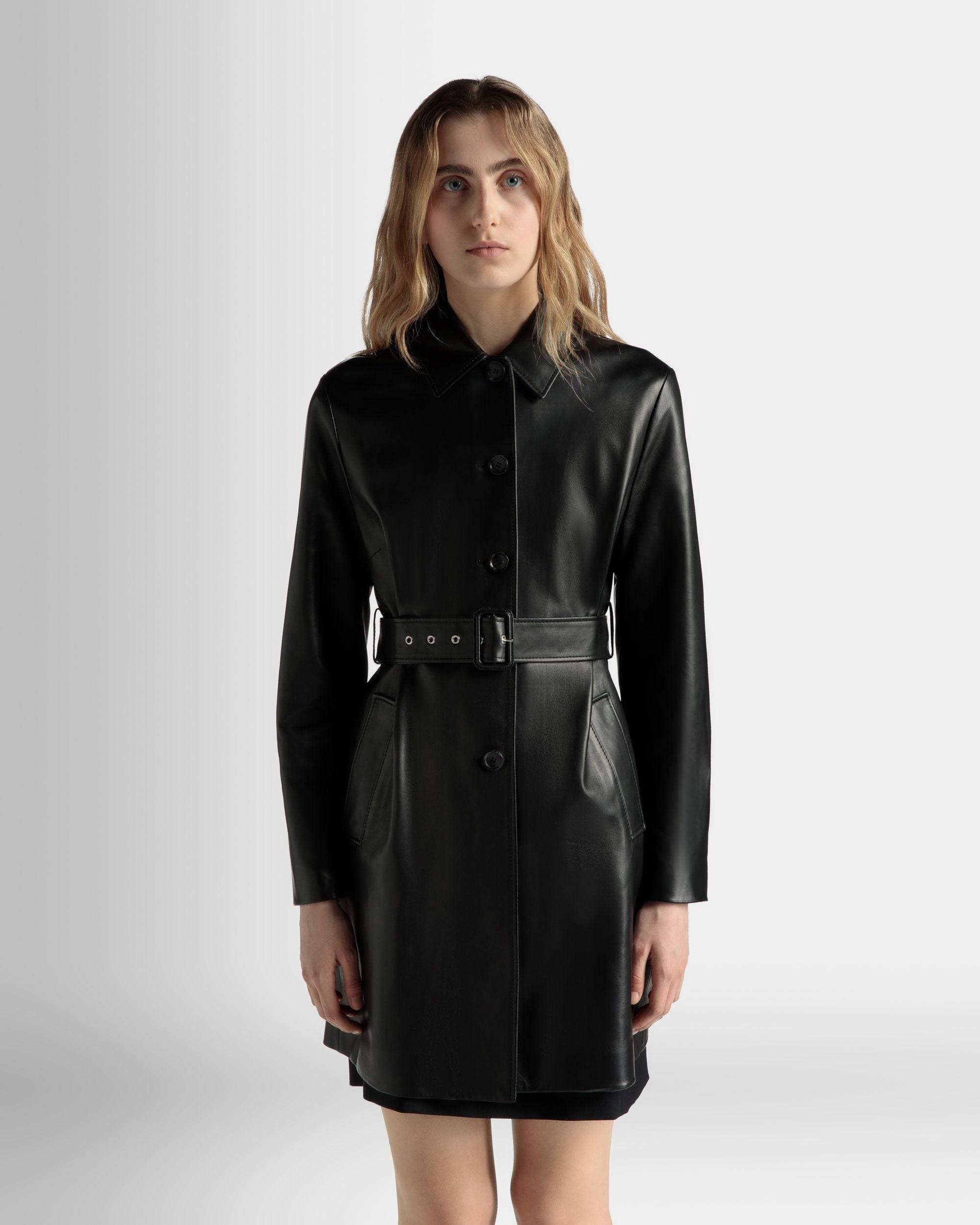 Belted Midi Coat in Black Leather - Women's - Bally - 03
