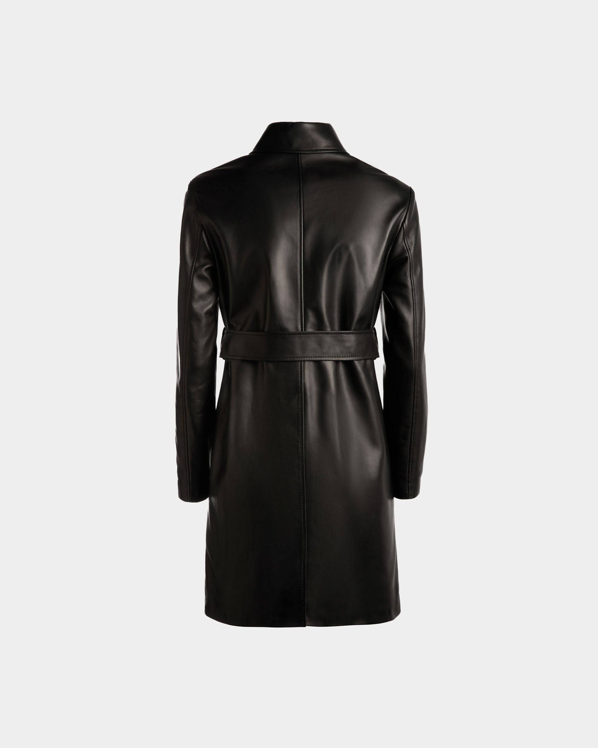 Women's Belted Midi Coat in Black Leather | Bally | Still Life Back