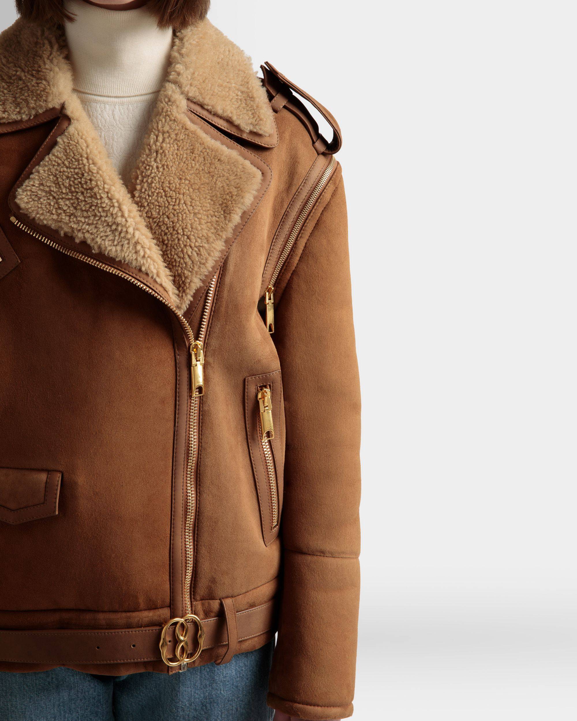 Double Breasted Shearling Jacket | Women's Outerwear | Brown Suede | Bally | On Model Detail