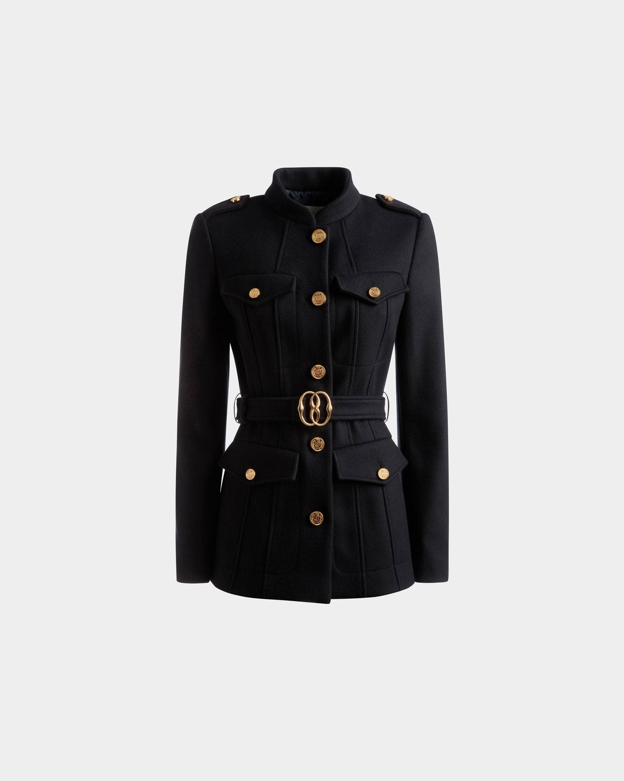Belted Jacket | Women's Outerwear | Navy Wool | Bally | Still Life Front