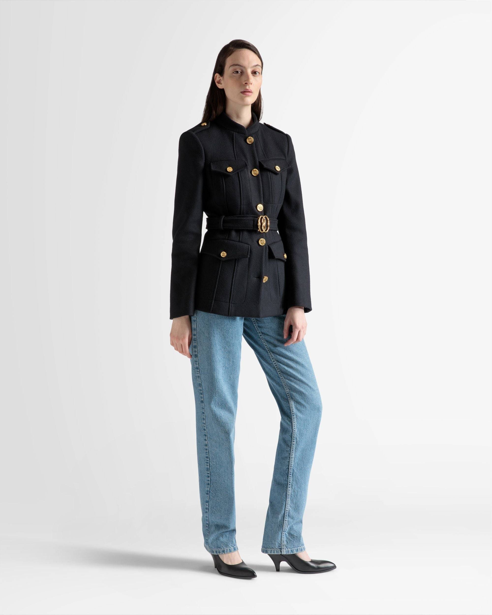 Belted Jacket | Women's Outerwear | Navy Wool | Bally | On Model Front