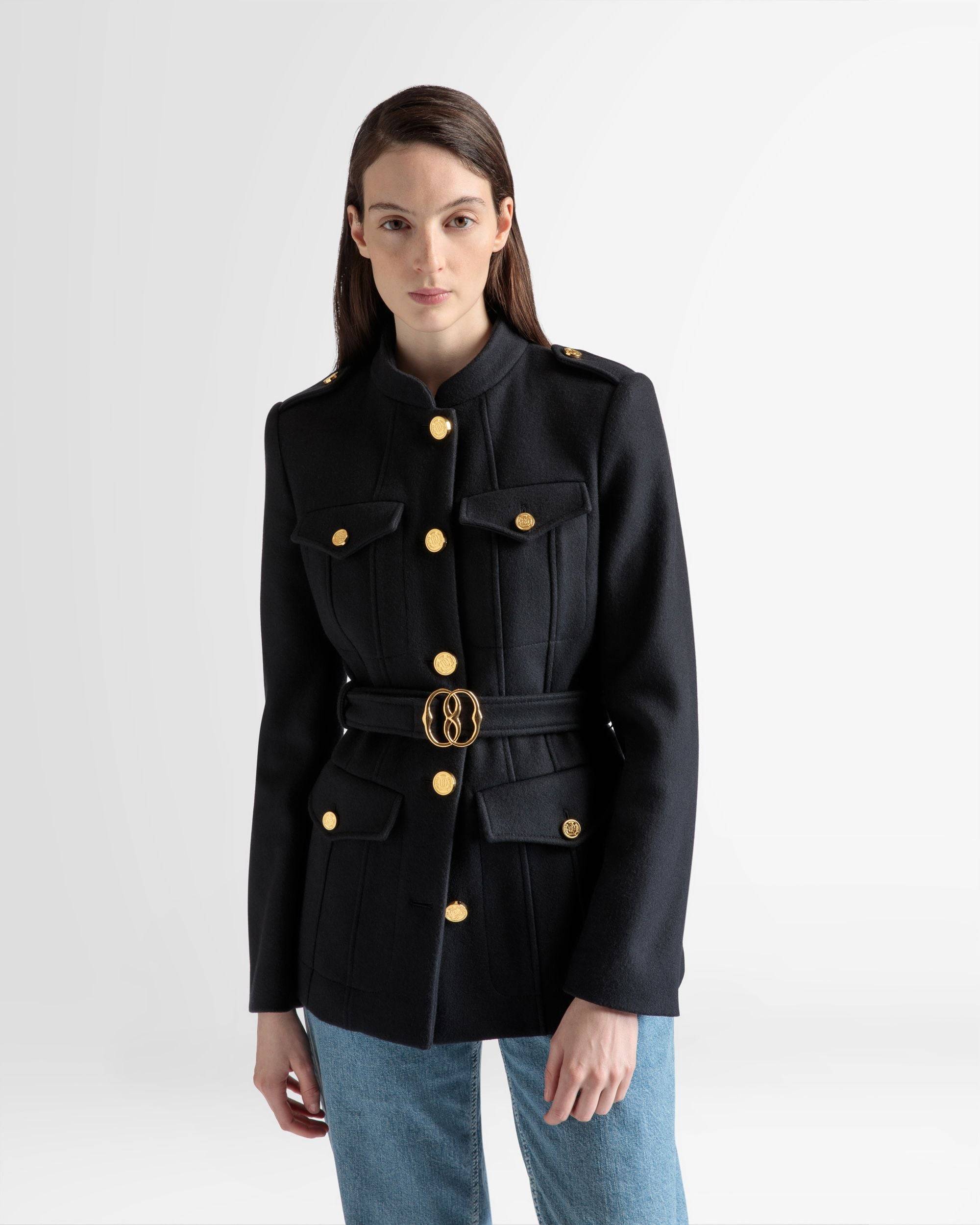 Belted Jacket | Women's Outerwear | Navy Wool | Bally | On Model Close Up