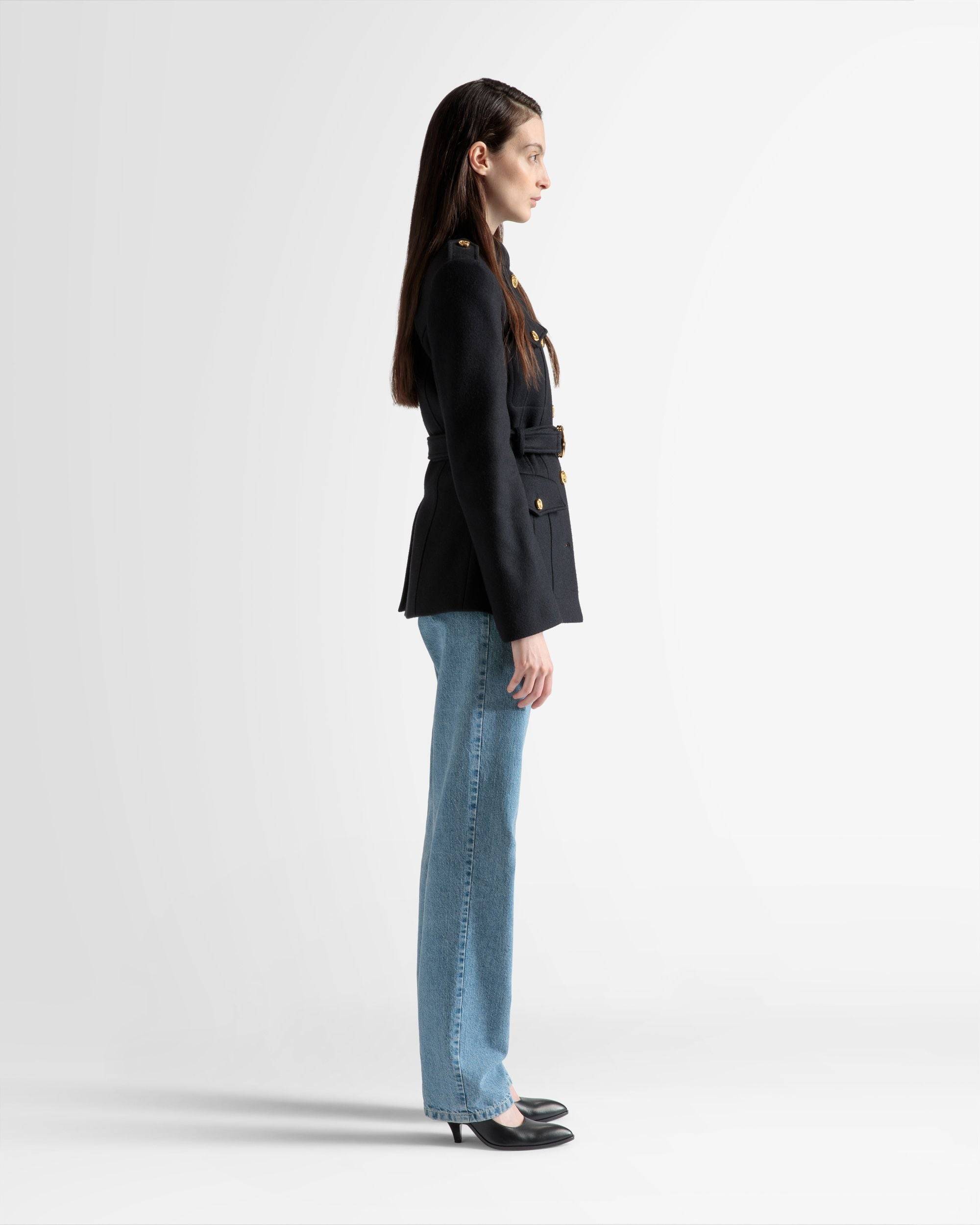 Belted Jacket | Women's Outerwear | Navy Wool | Bally | On Model 3/4 Front