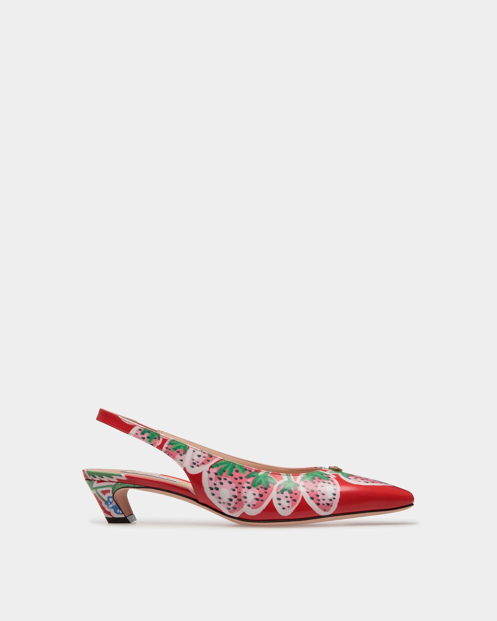 Sylt | Women's Slingback Pump in Strawberry Print Brushed Leather | Bally | Still Life Side