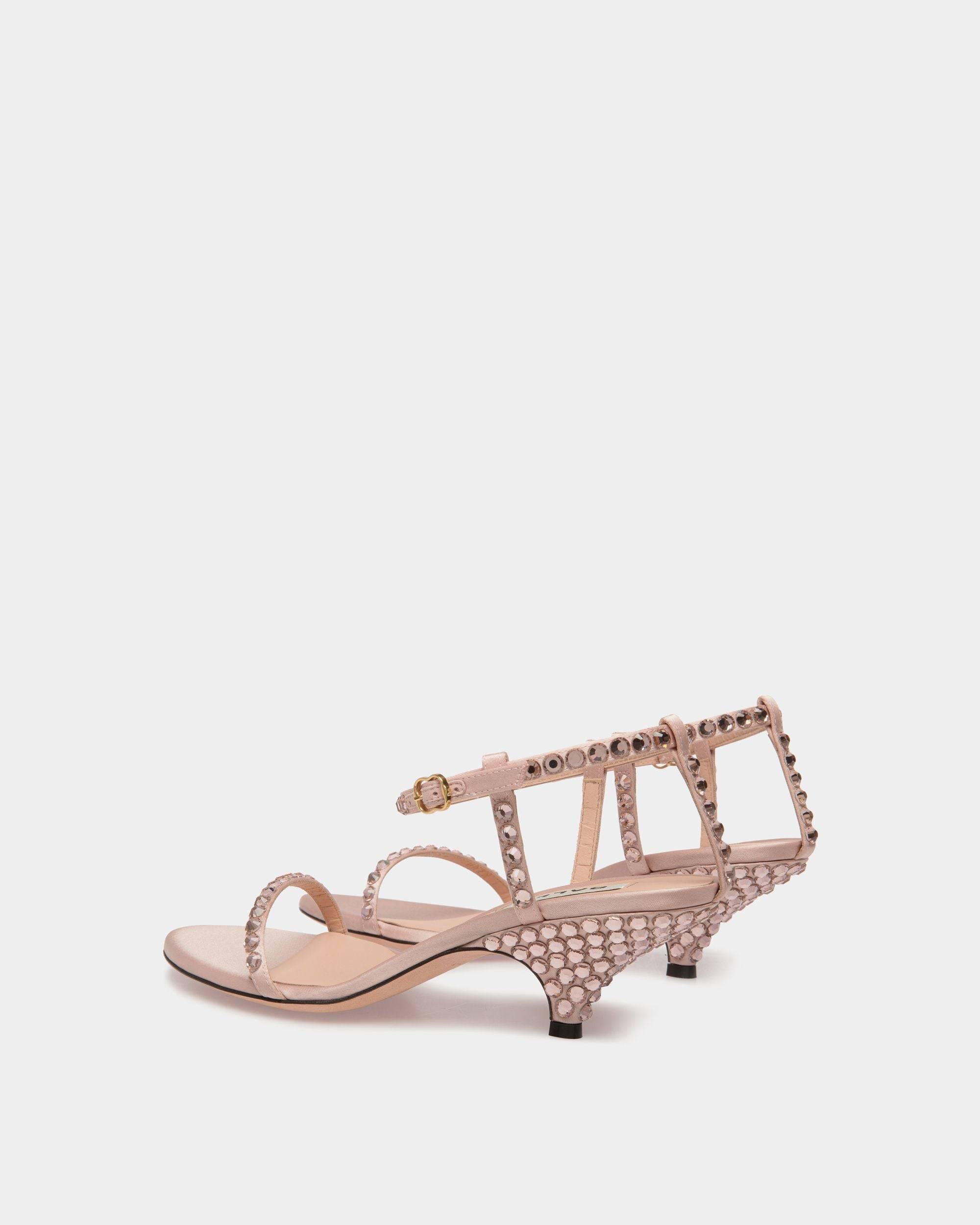 Katy | Women's Heeled Sandal in Light Pink Fabric with Crystals | Bally | Still Life 3/4 Back