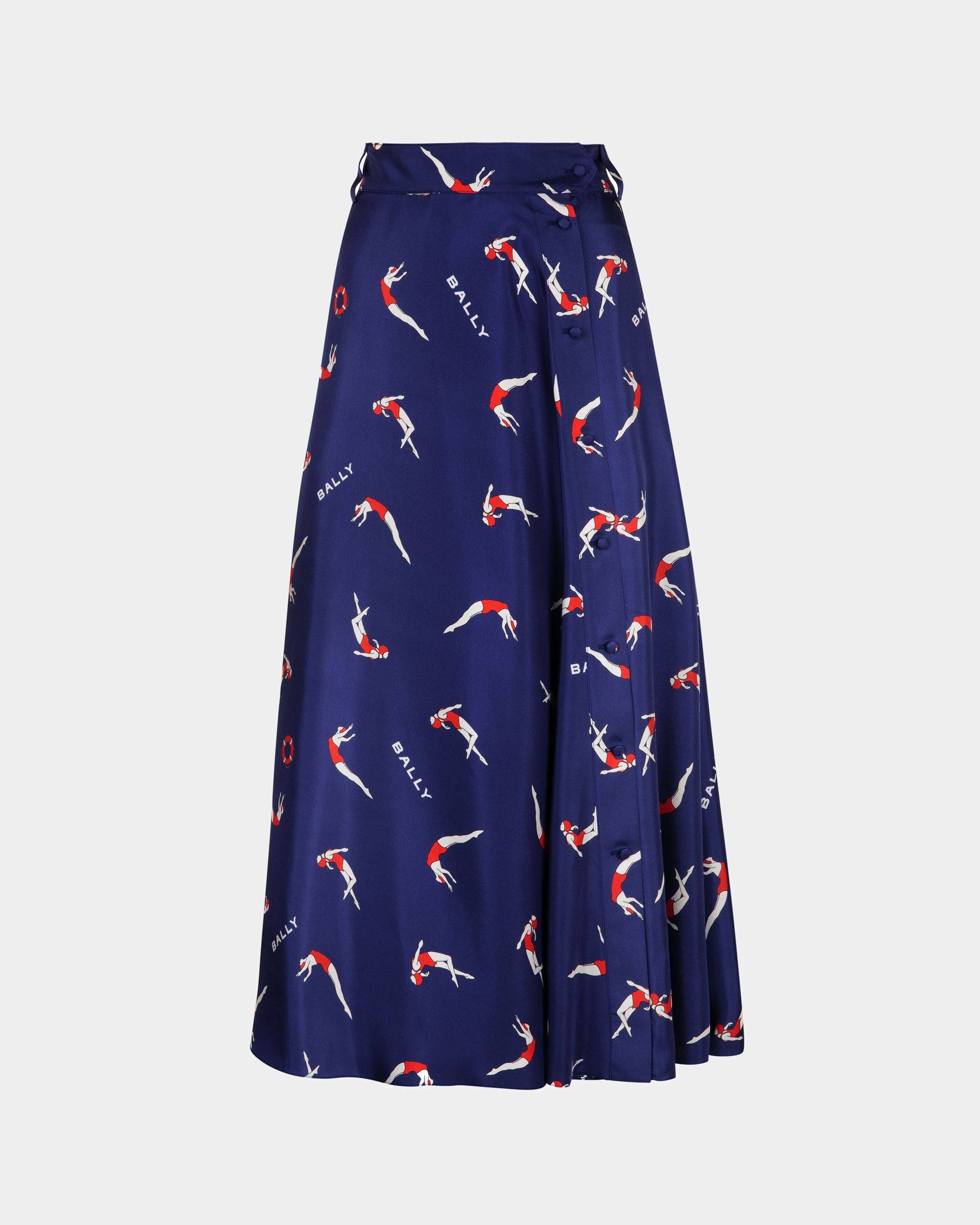 Women's Printed Midi Skirt in Blue Silk | Bally | Still Life Front
