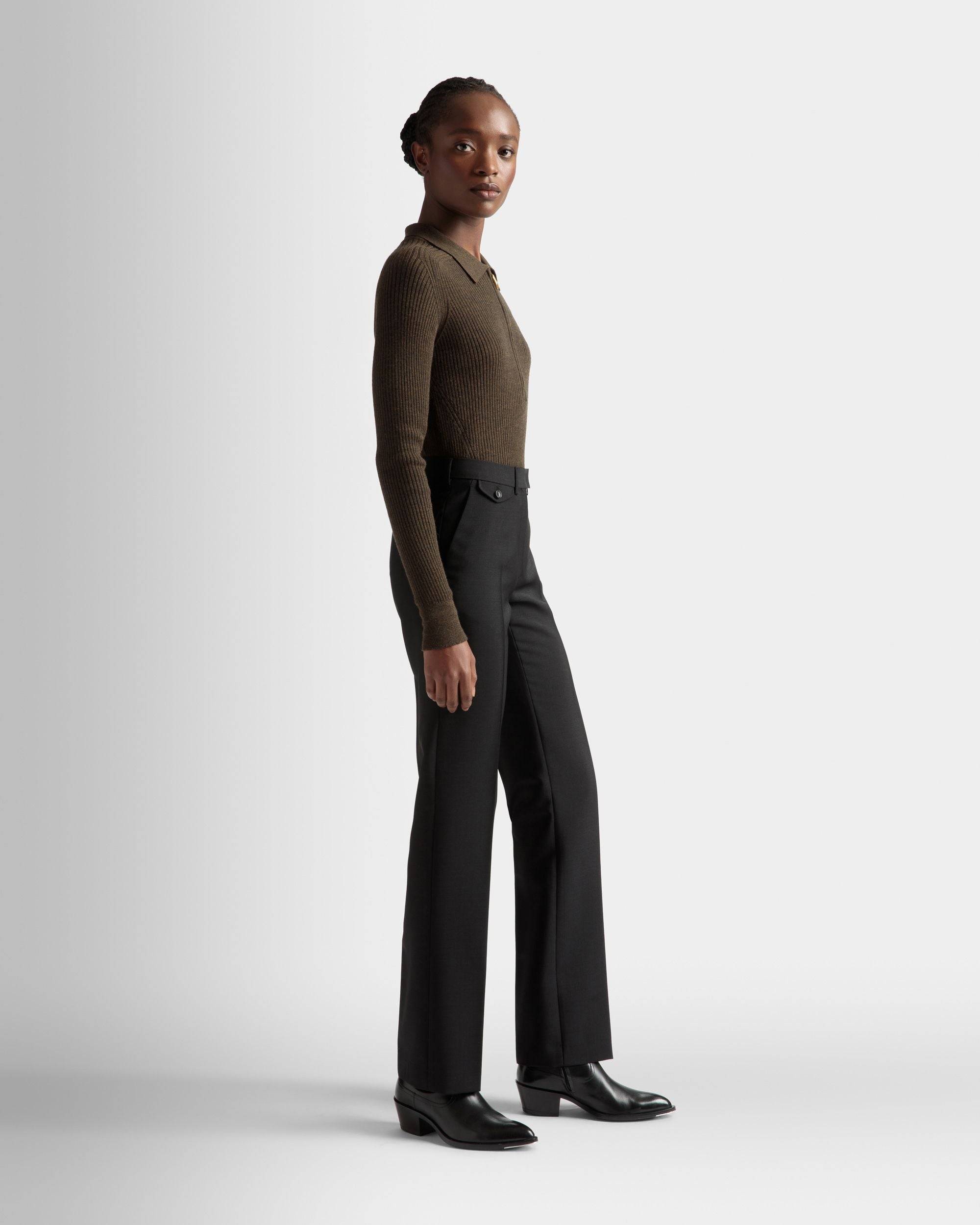 Tailored Straight Leg Pants | Women's Pants | Black Mohair Wool | Bally | On Model 3/4 Front