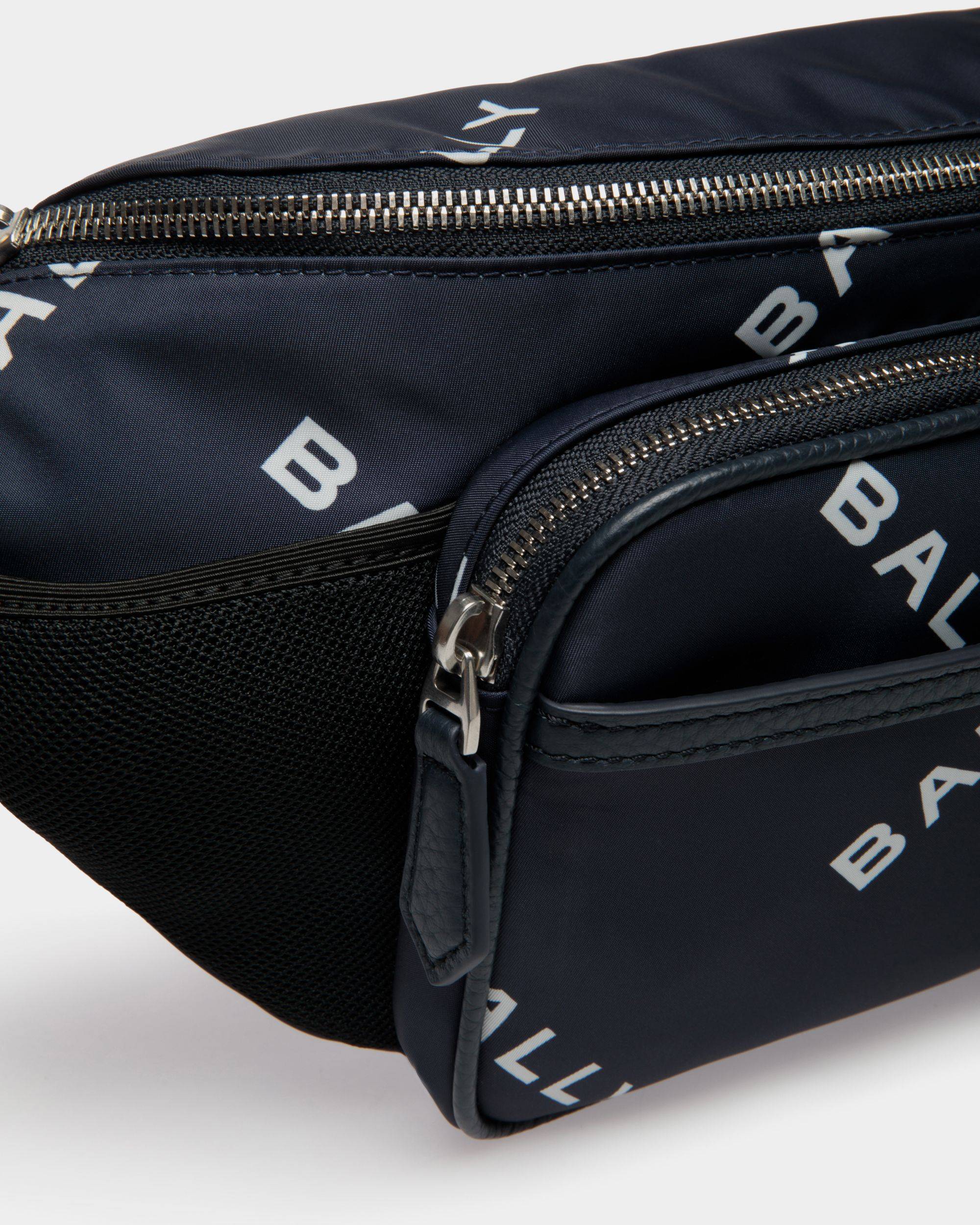 Code | Men's Belt Bag in Blue Printed Nylon | Bally | Still Life Detail