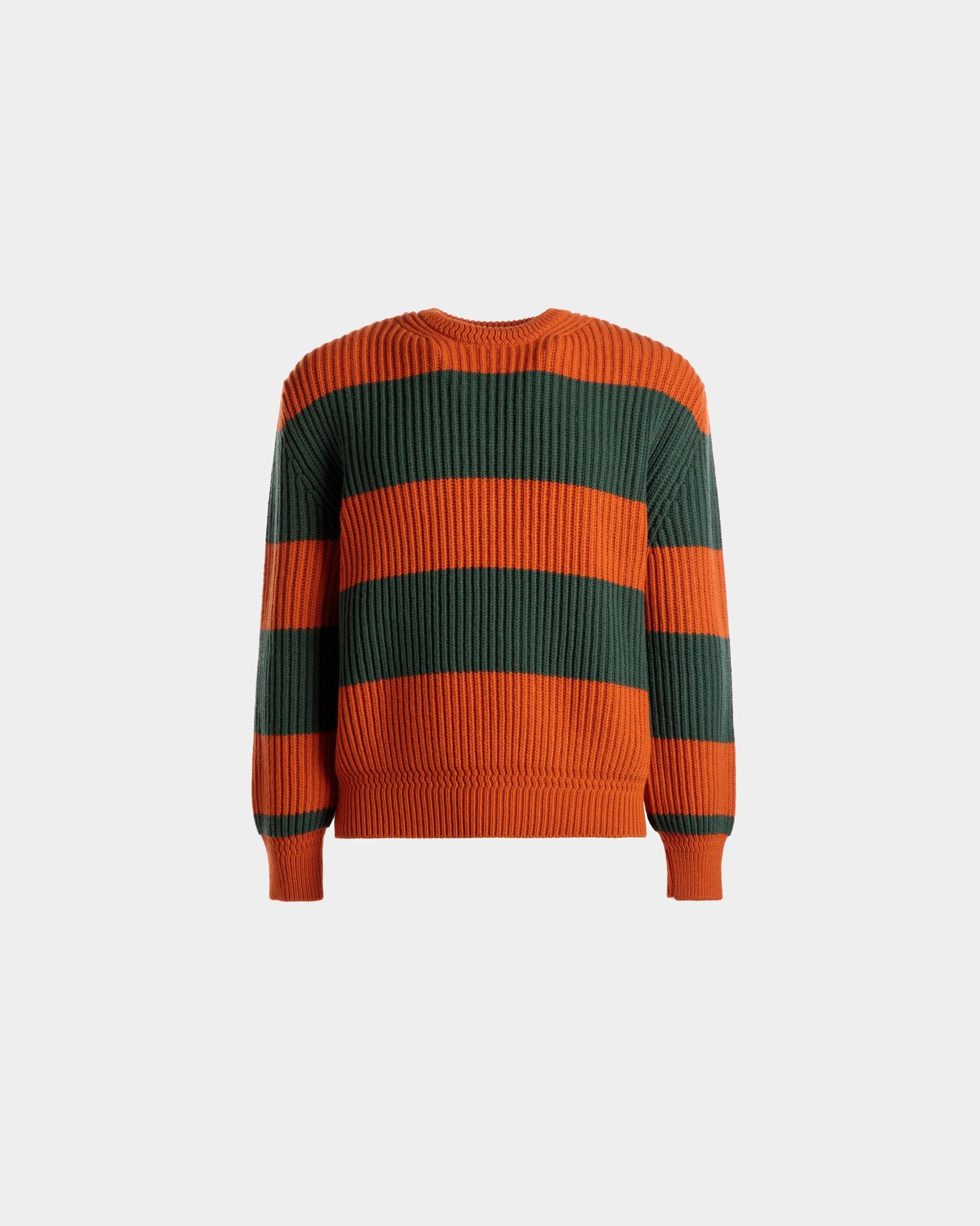 Men s Striped Crew Neck Sweater In Orange And Kelly Green Wool Bally