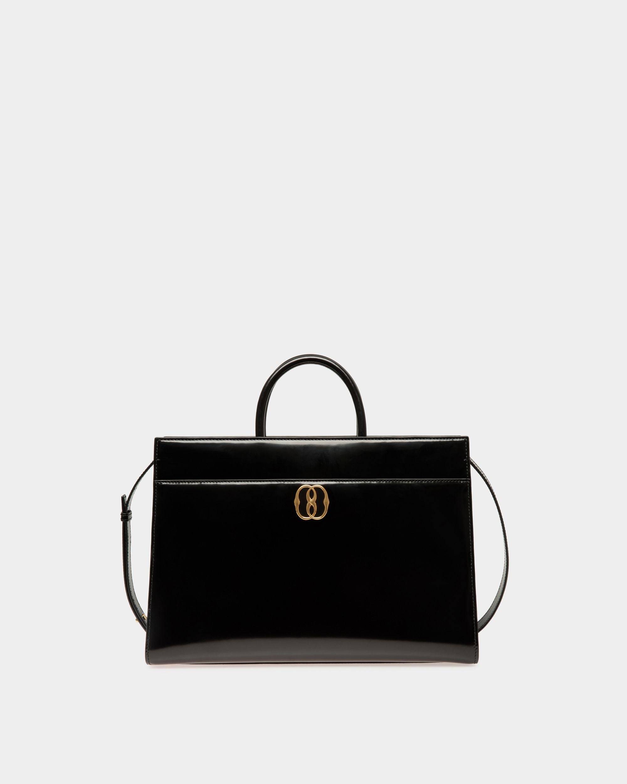 Emblem | Women's Tote Bag in Black Brushed Leather | Bally | Still Life Front