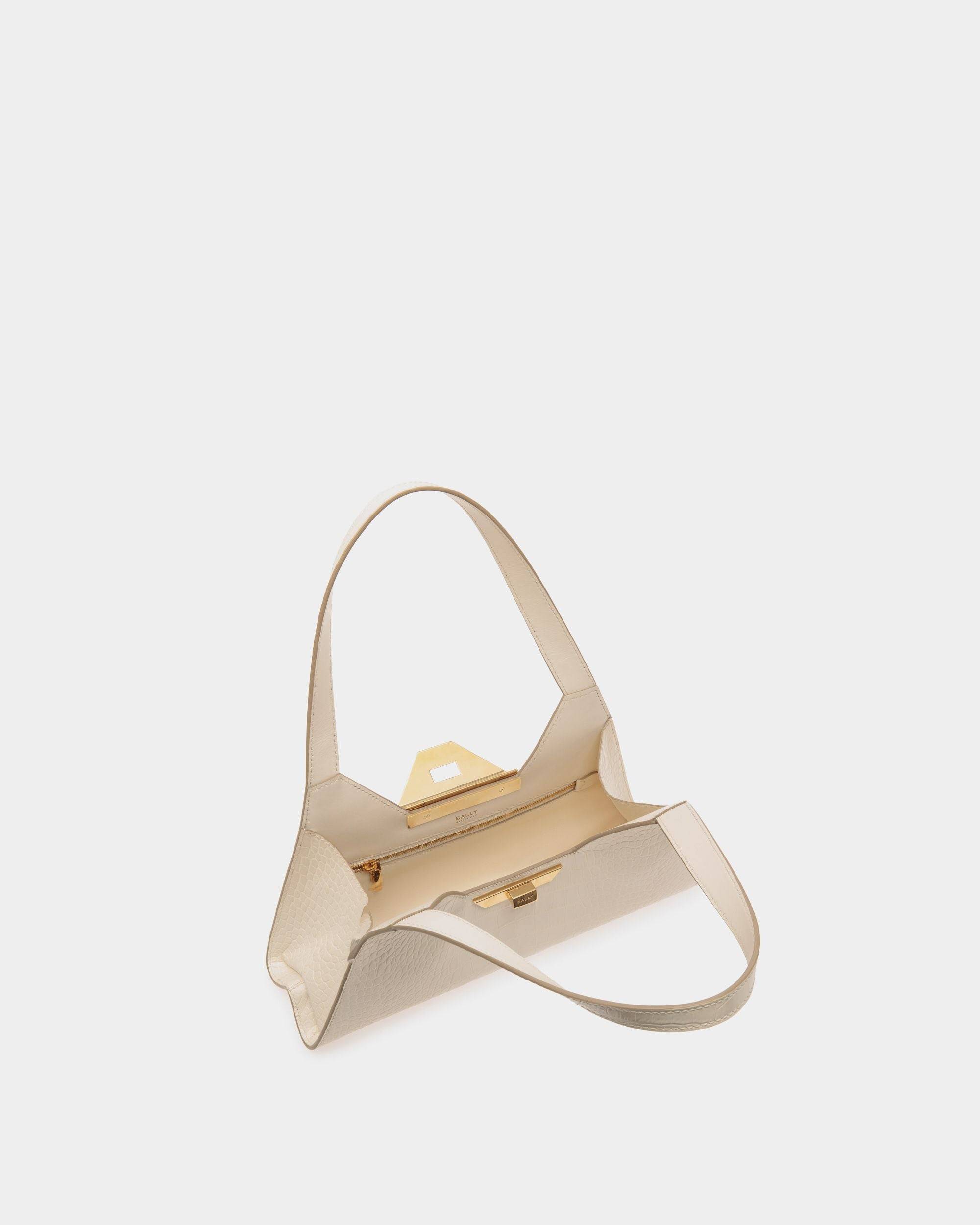 Tilt | Women's Small Shoulder Bag in White Crocodile Print Leather | Bally | Still Life Open / Inside