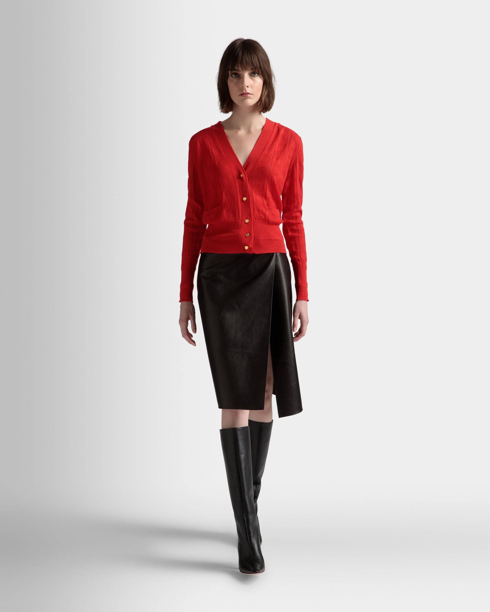 Knit Detail Cardigan | Women's Cardigan | Deep Ruby Wool | Bally | On Model Front