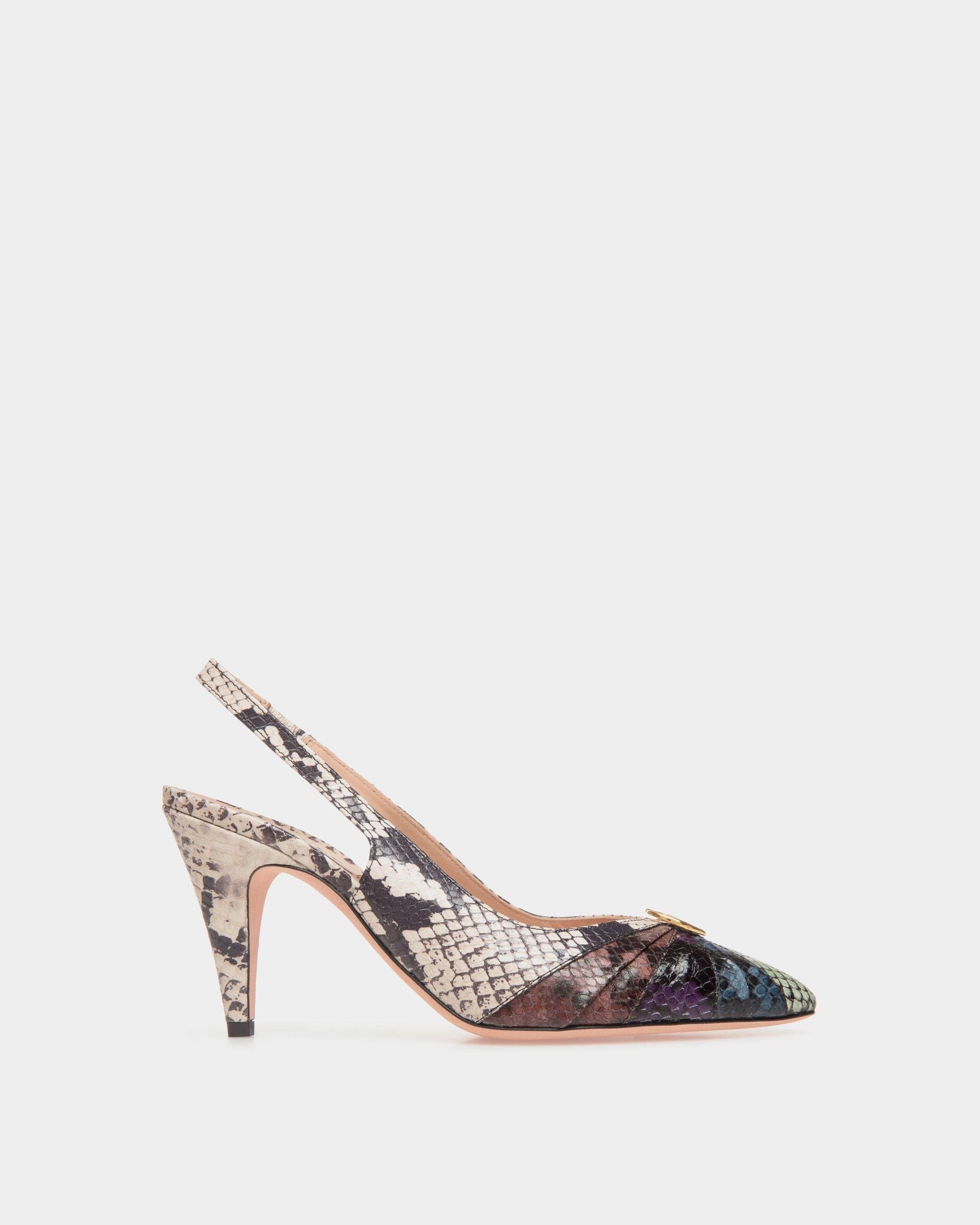 Jolene | Women's Slingback Pump in Multicolor Python Printed Leather | Bally | Still Life Side