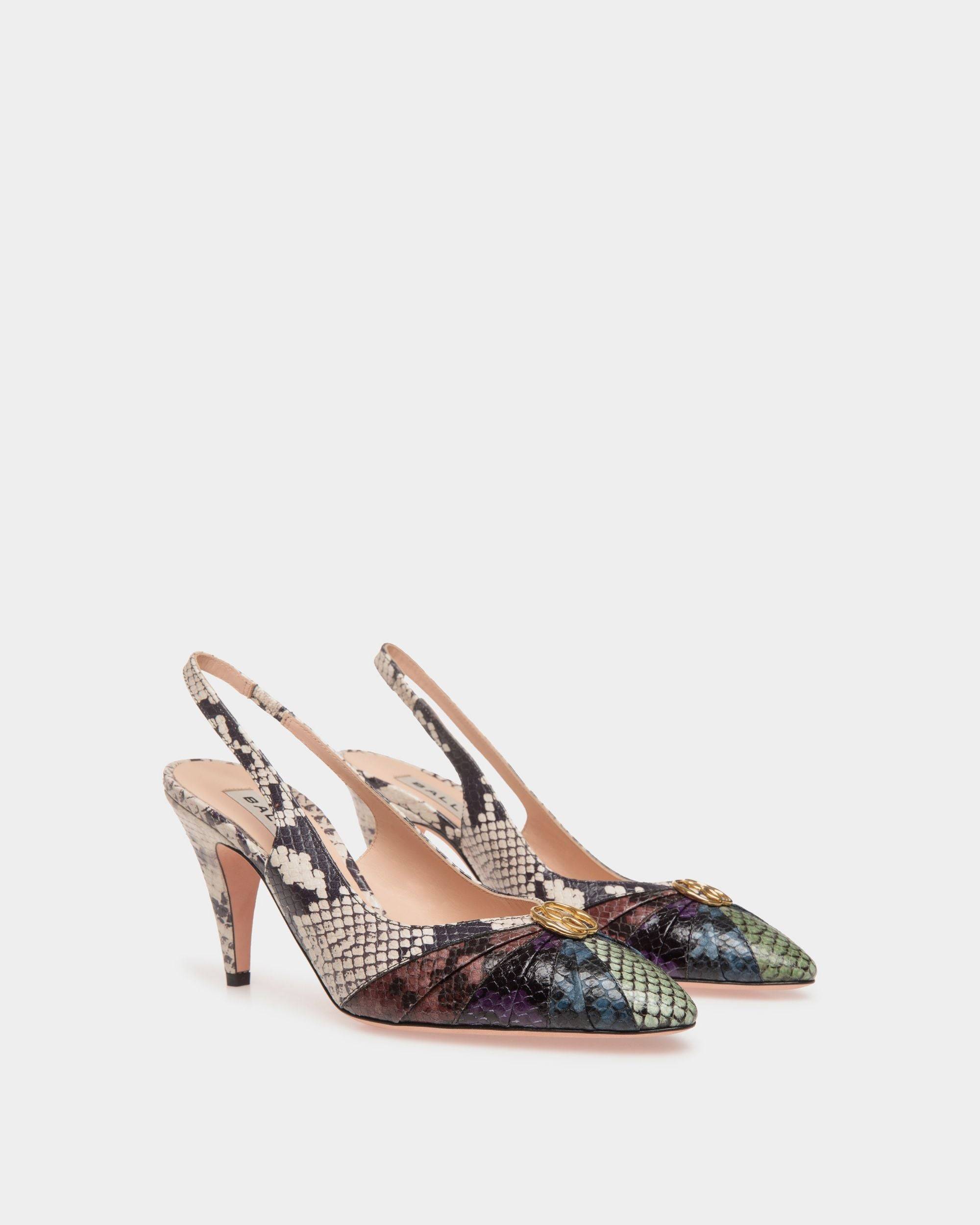 Jolene | Women's Slingback Pump in Multicolor Python Printed Leather | Bally | Still Life 3/4 Front