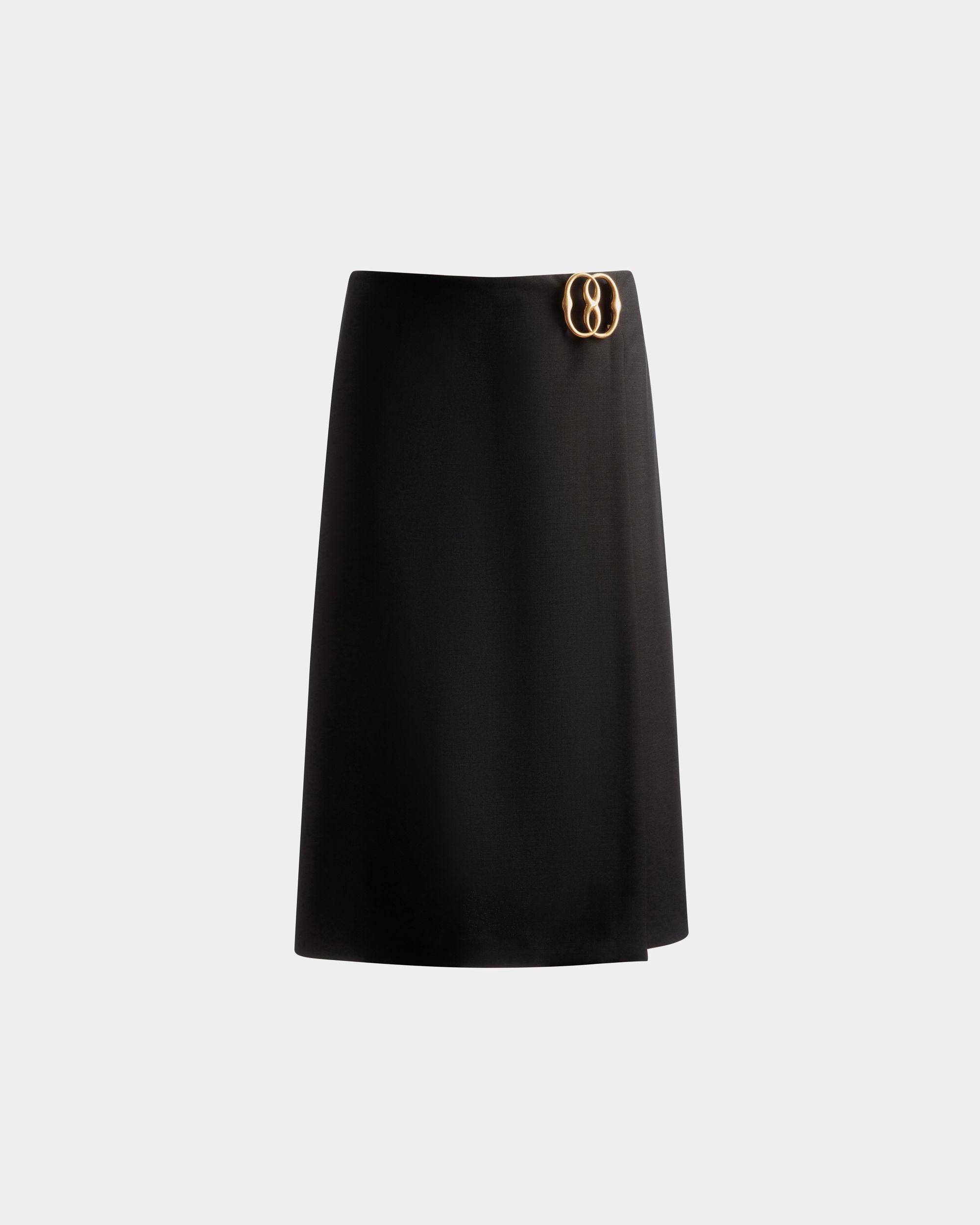 Knee Length Wrap Skirt | Women's Skirt | Black Mohair Wool Mix | Bally | Still Life Front