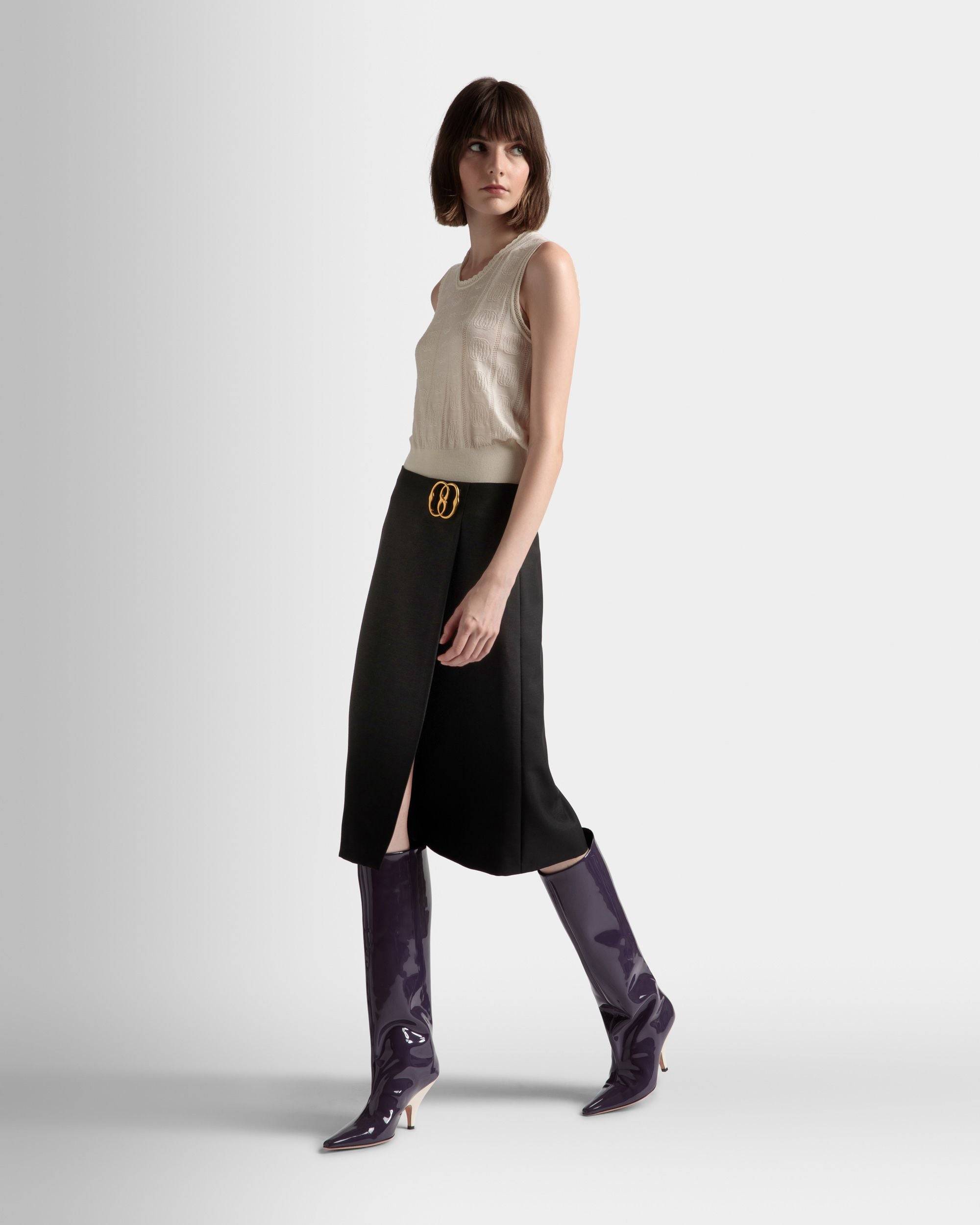 Knee Length Wrap Skirt | Women's Skirt | Black Mohair Wool Mix | Bally | On Model Front