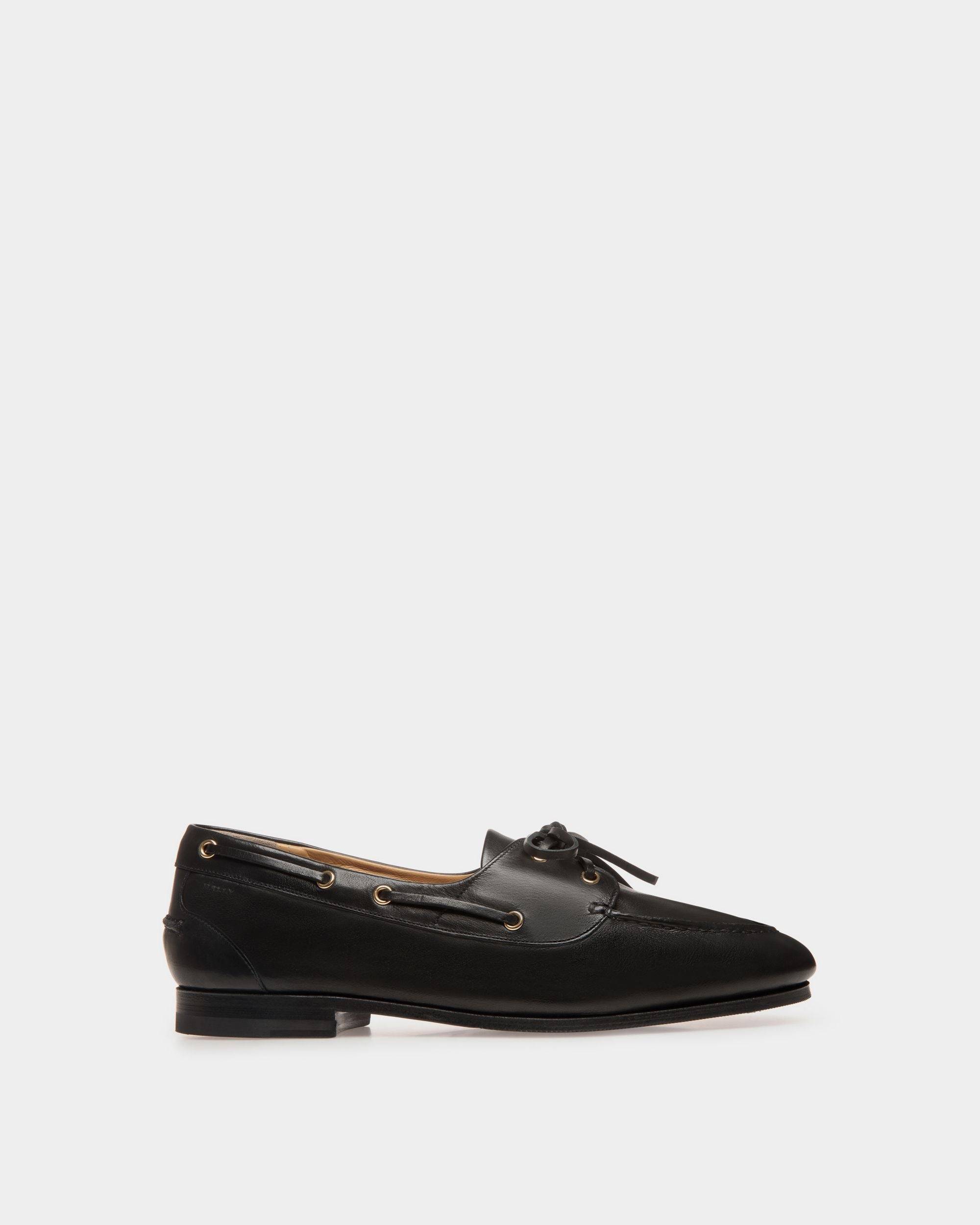 Men's Plume Moccasin in Black Leather | Bally | Still Life Side