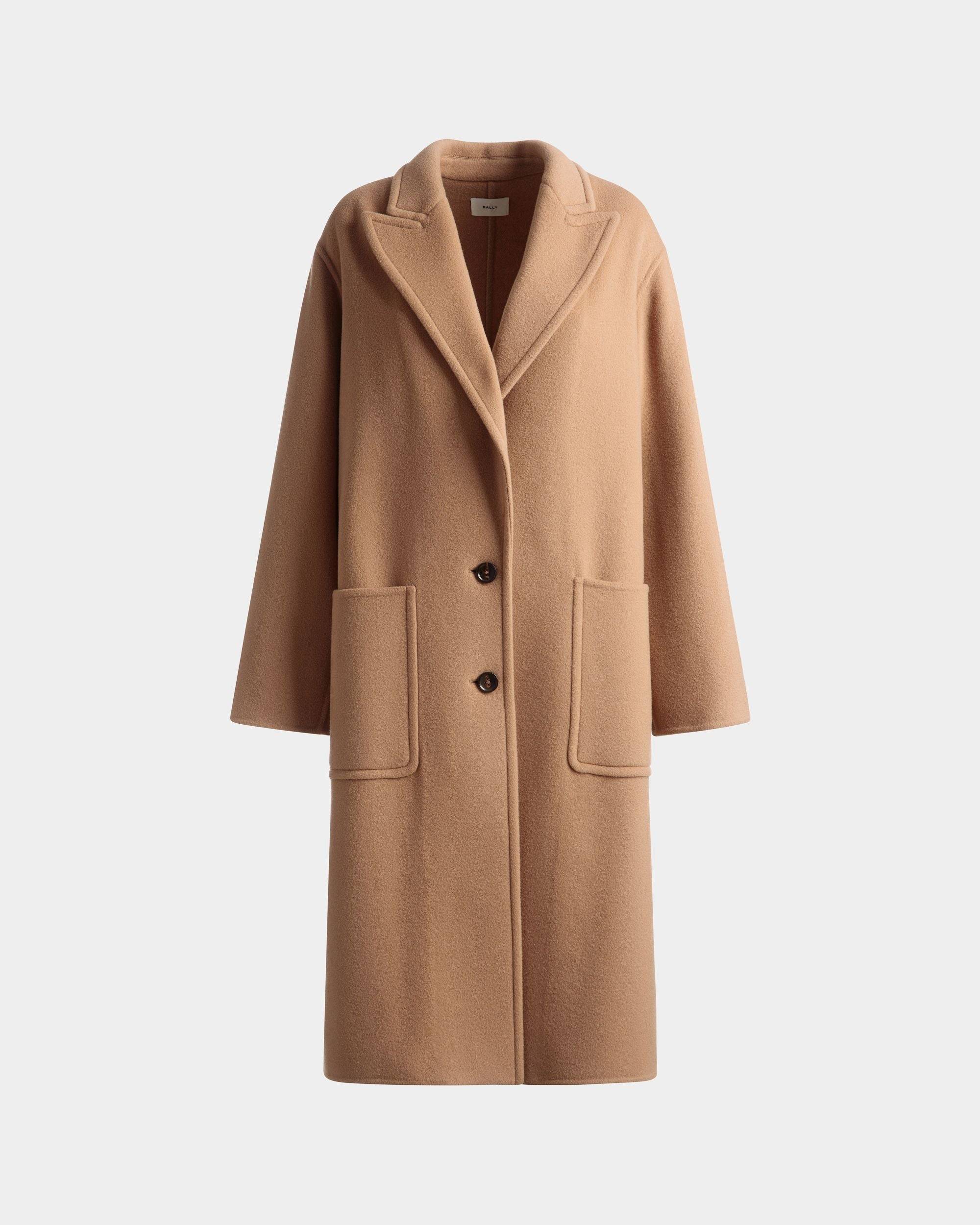Women's Single-Breasted Coat In Camel Cashmere Wool Mix | Bally | Still Life Front