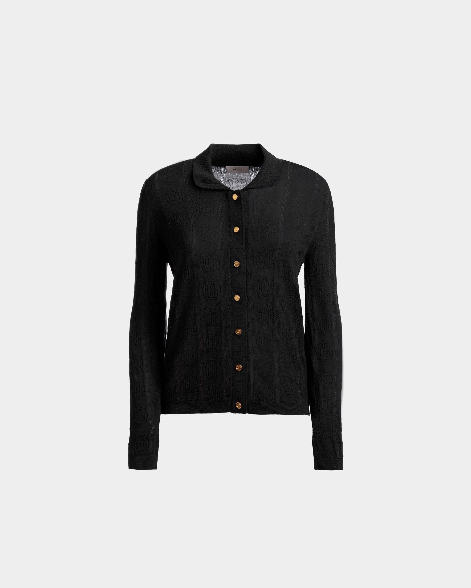 Langarm-Poloshirt mit Strickdetail | Poloshirt für Damen | Schwarze Wolle | Bally | Still Life Vorderseite