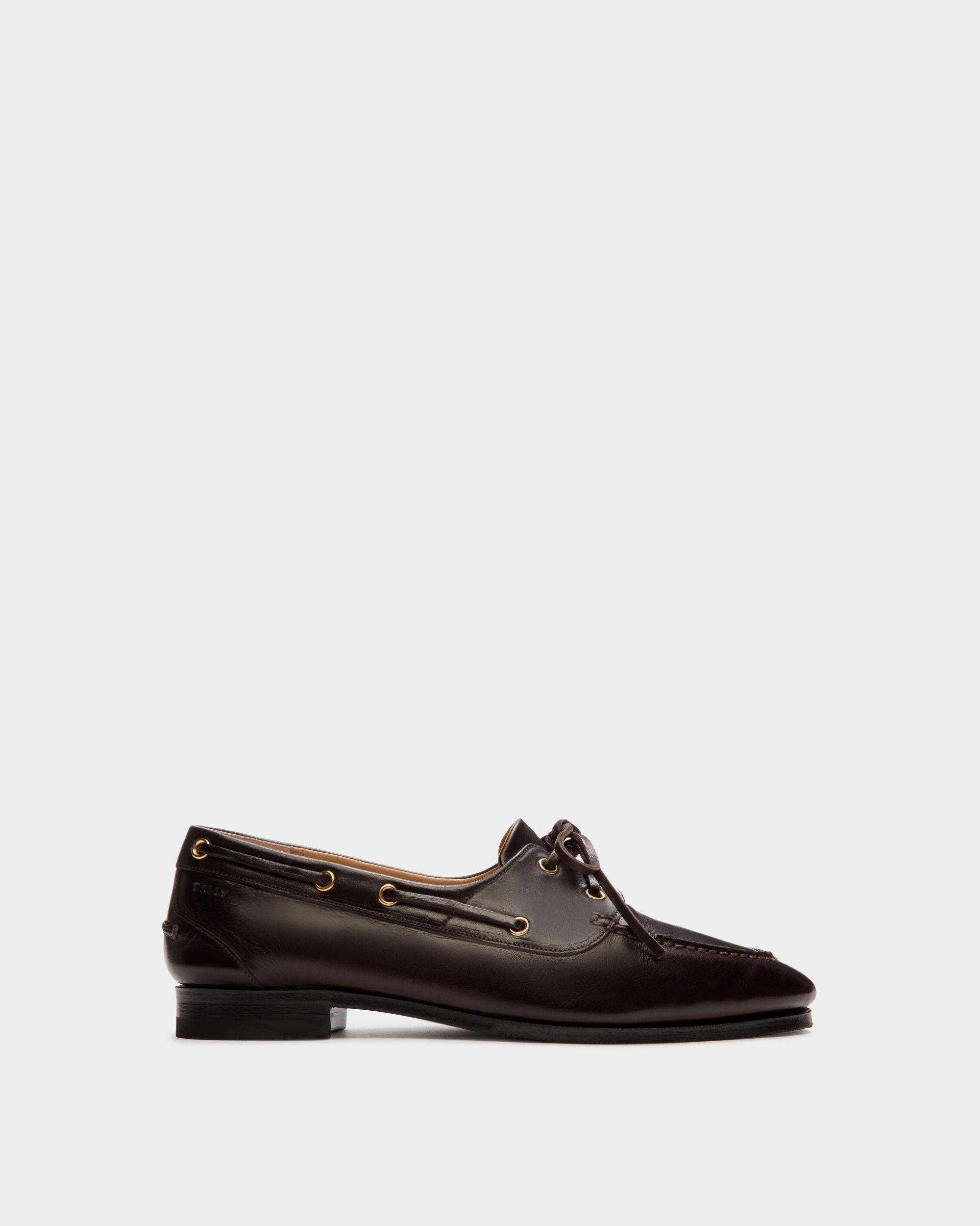 Women's Plume Moccasin in Dark Brown Leather | Bally | Still Life Side