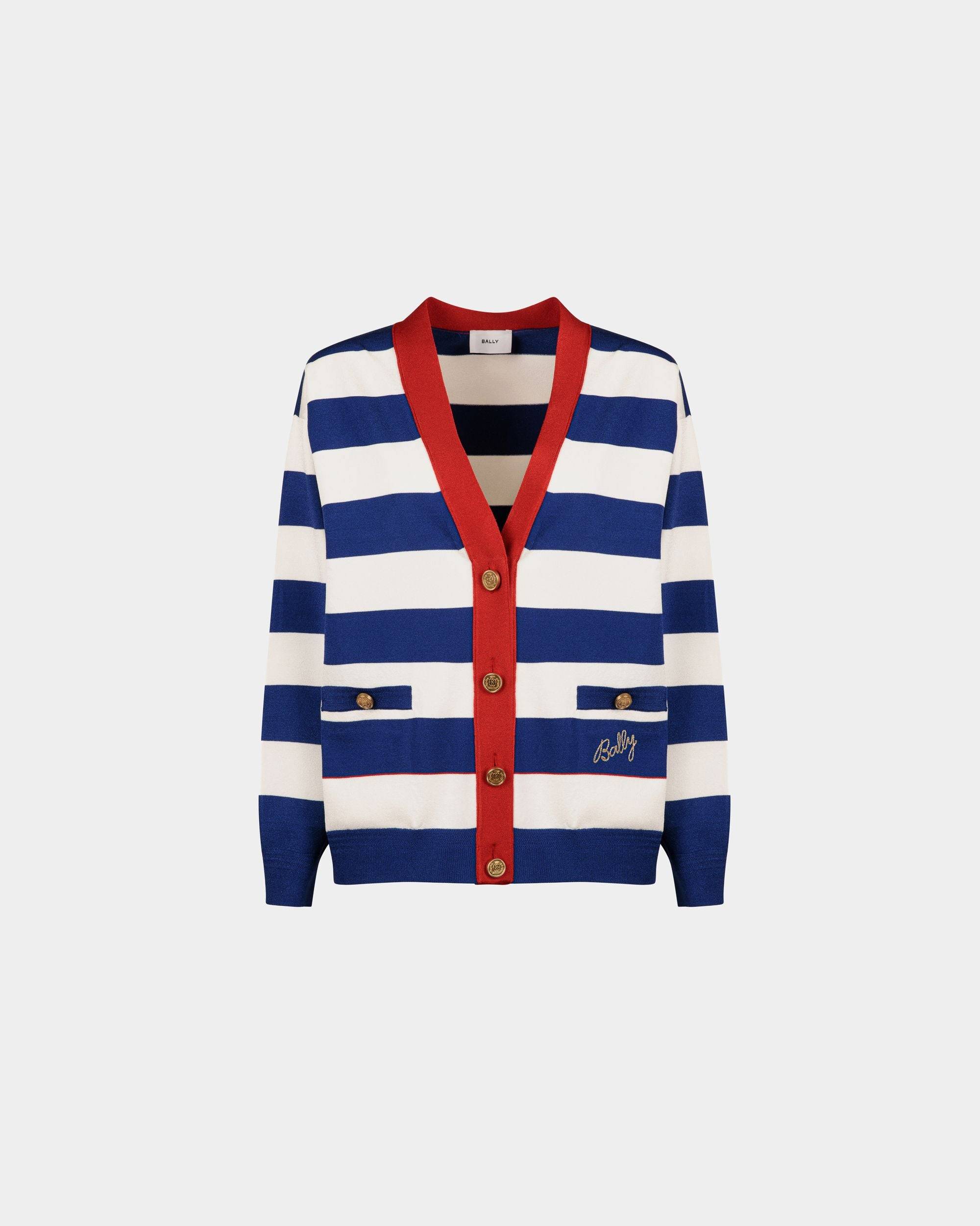 Women's White And Blue Striped Cardigan | Bally | Still Life Front