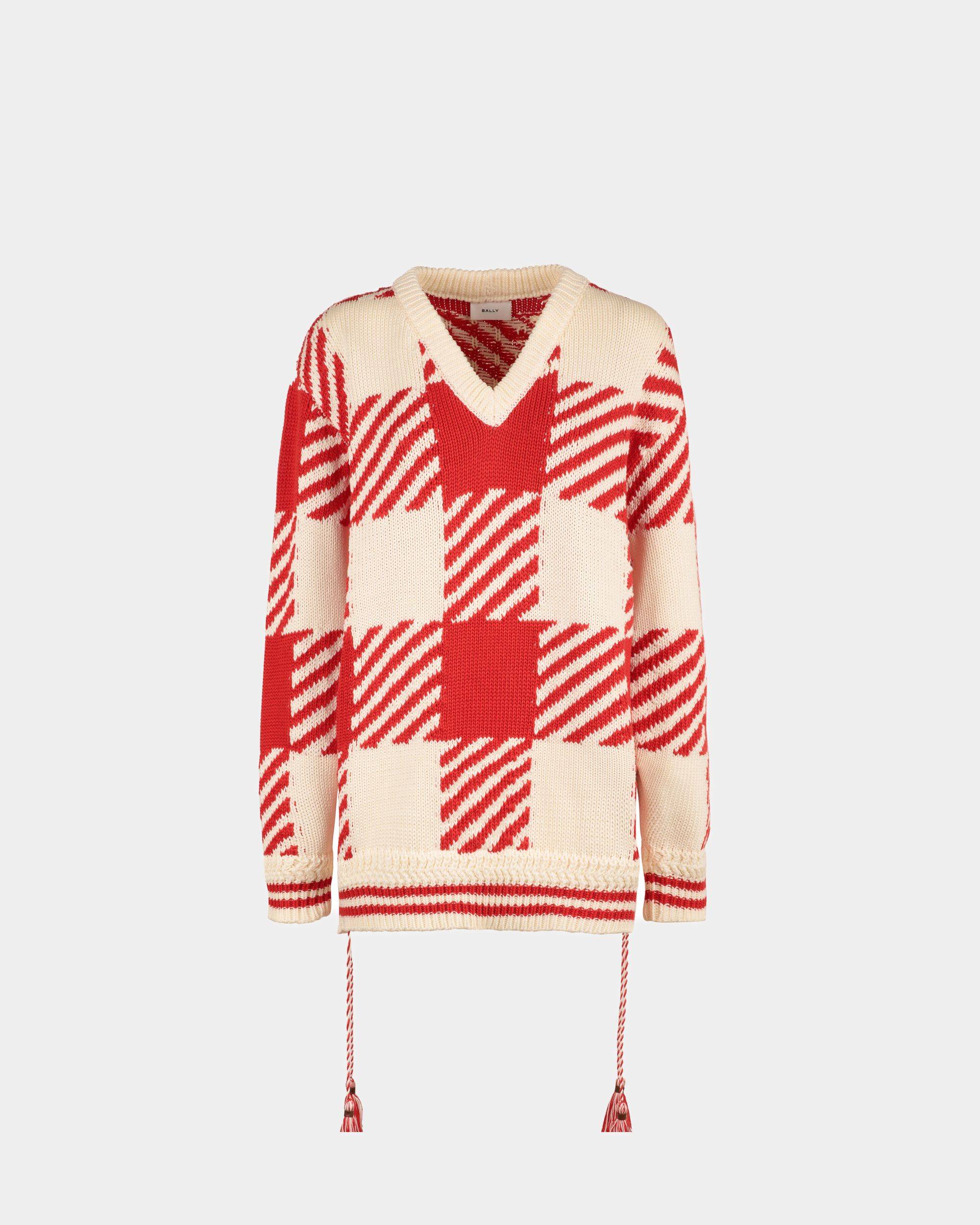Women's V-Neck Sweater In Beige And Red Cotton | Bally | Still Life Front
