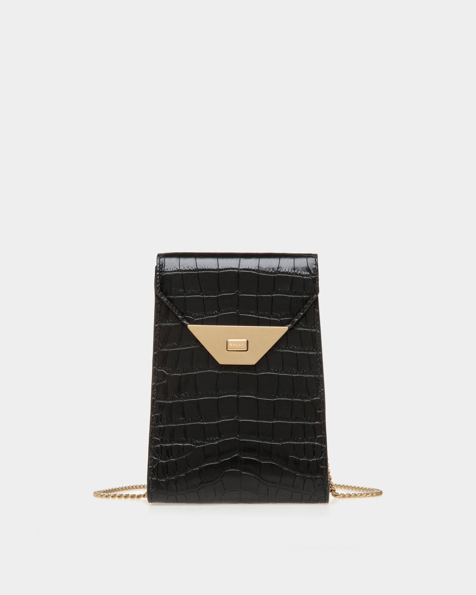 Women's Tilt Phone Bag in Black Crocodile Print Leather | Bally | Still Life Front